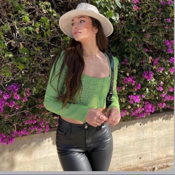 NWT Zara Houndstooth Neon Green & Black Crop Top Medium M Gorgeous Top - Picture 6 of 9